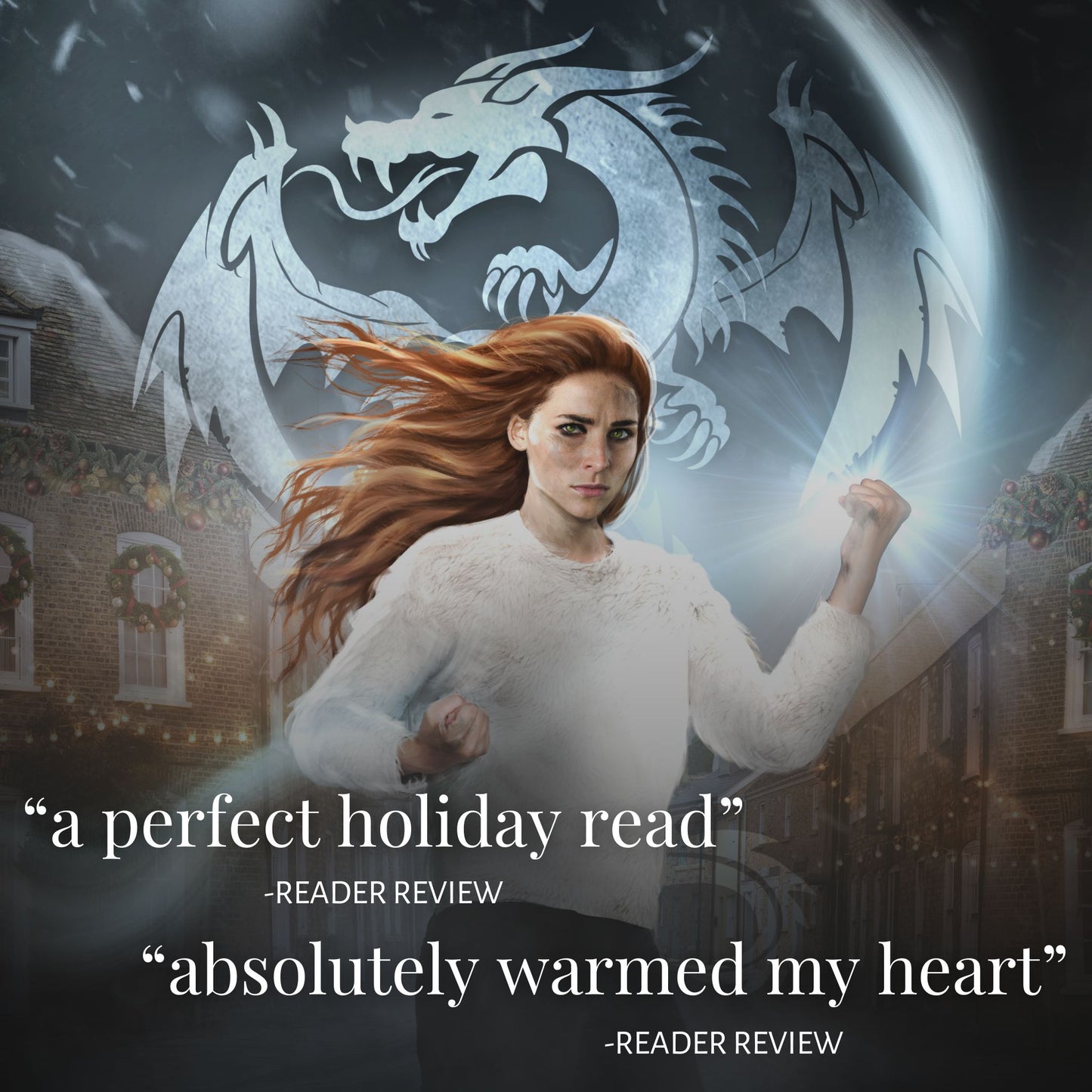 "a perfect holiday read" and "absolutely warmed my heart" reader reviews with book cover background