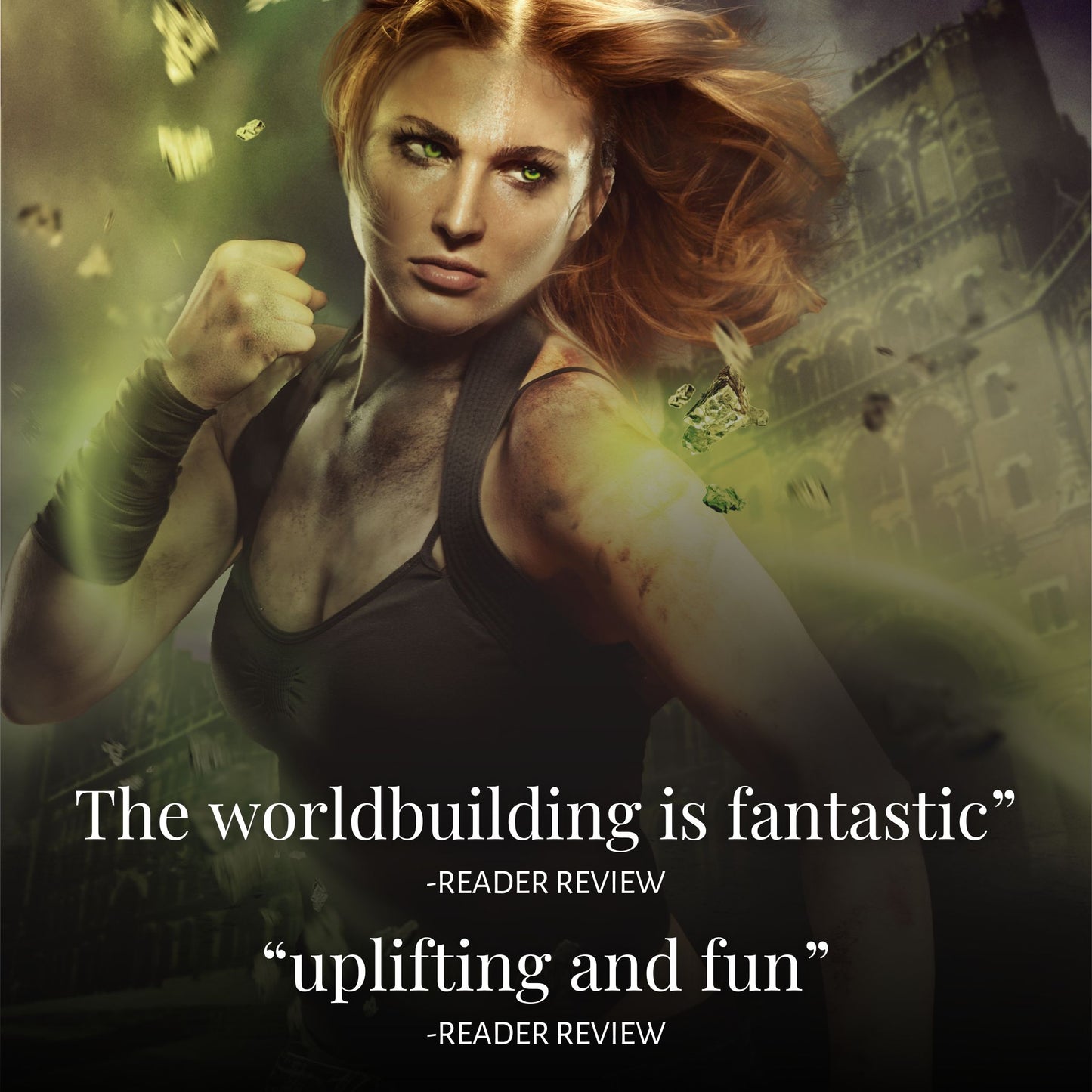 "the worldbuilding is fantastic" reader review and "uplifting and fun" reader review on cover image