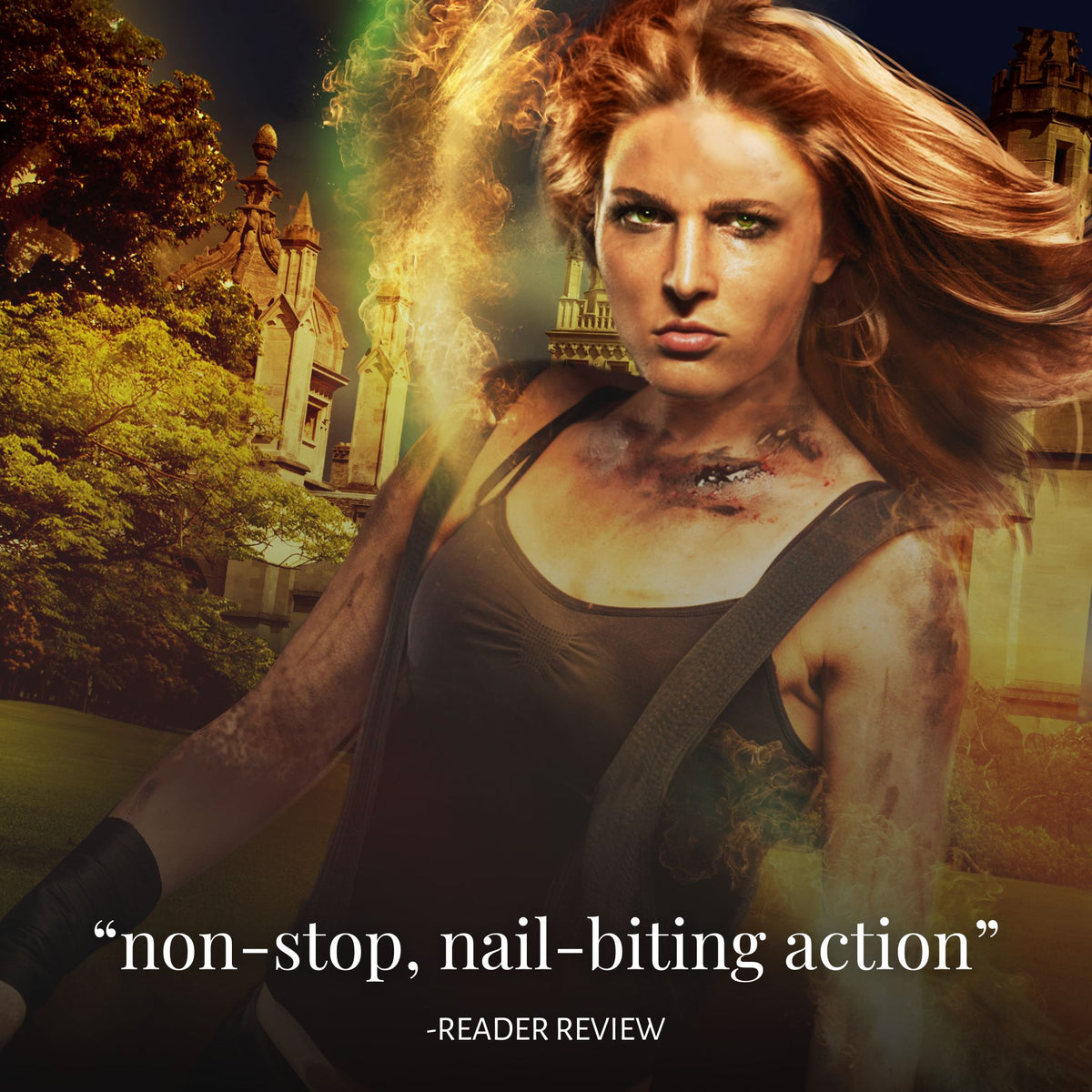 "non-stop, nail-biting action" reader review on cover image of Curse of the Gargoyles