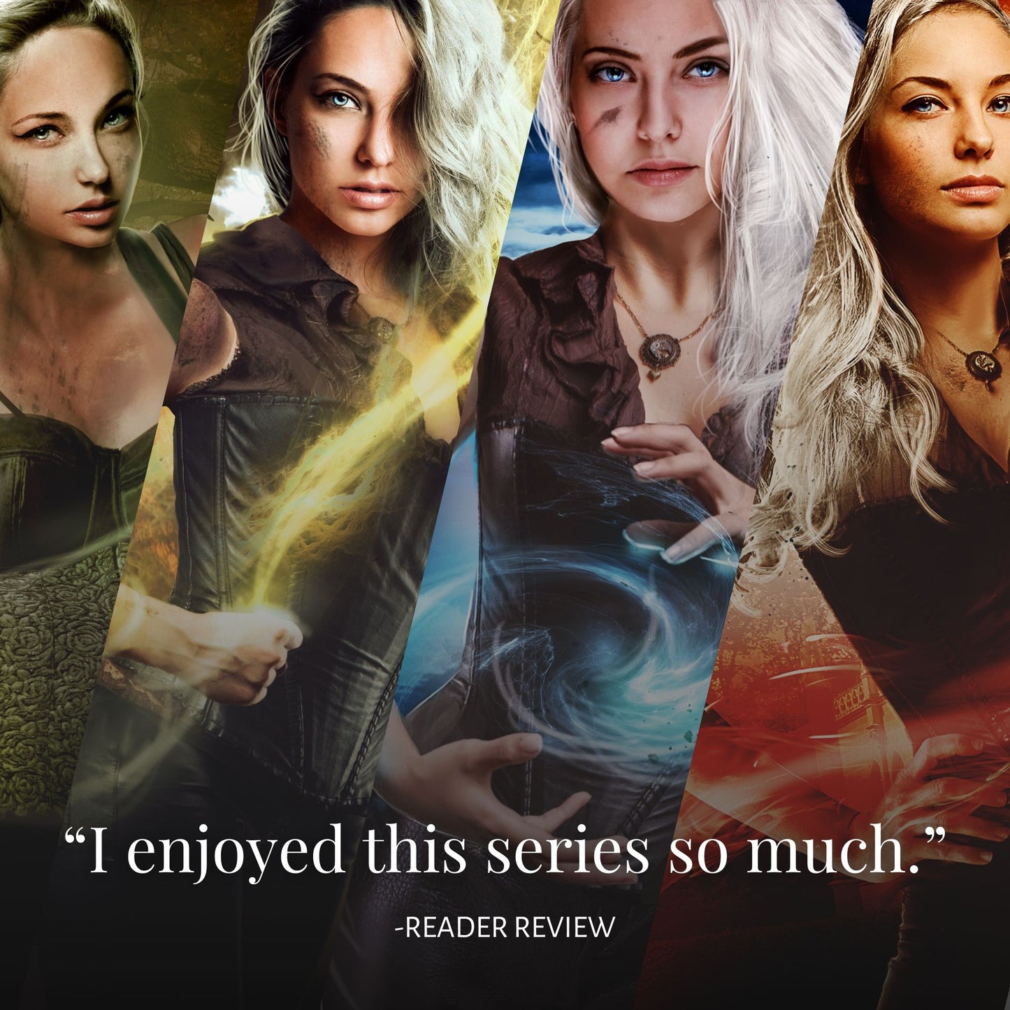 "I enjoyed this series so much" reader review on sliced pictures from all four Terra Haven Chronicles covers